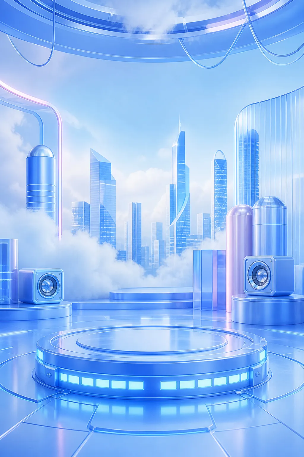 Futuristic Blue Stage Podium with City Skyline｜AI Image Generation Prompts