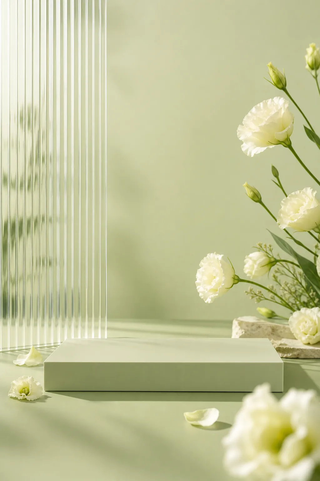 Minimal green podium with white flowers and glass panel｜AI Image Generation Prompts