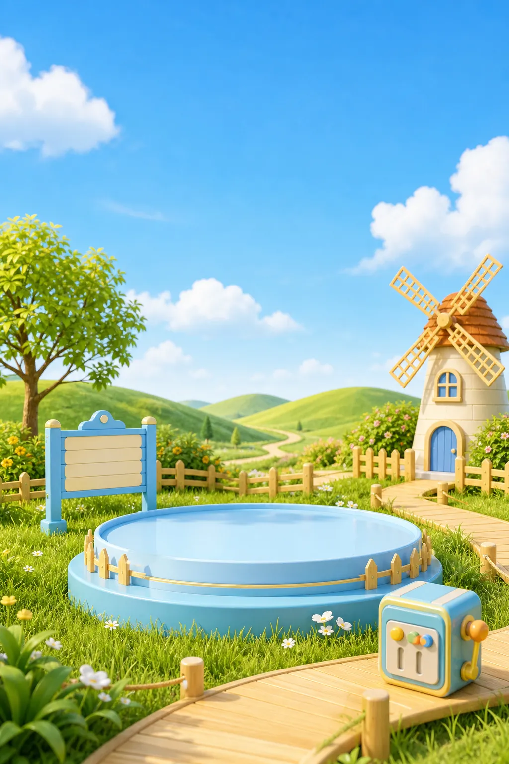 Blue circular podium stage in a cartoon farm landscape｜AI Image Generation Prompts