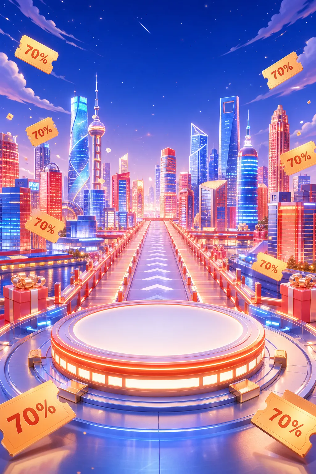 Futuristic city stage with 70% discount tickets and gifts｜AI Image Generation Prompts