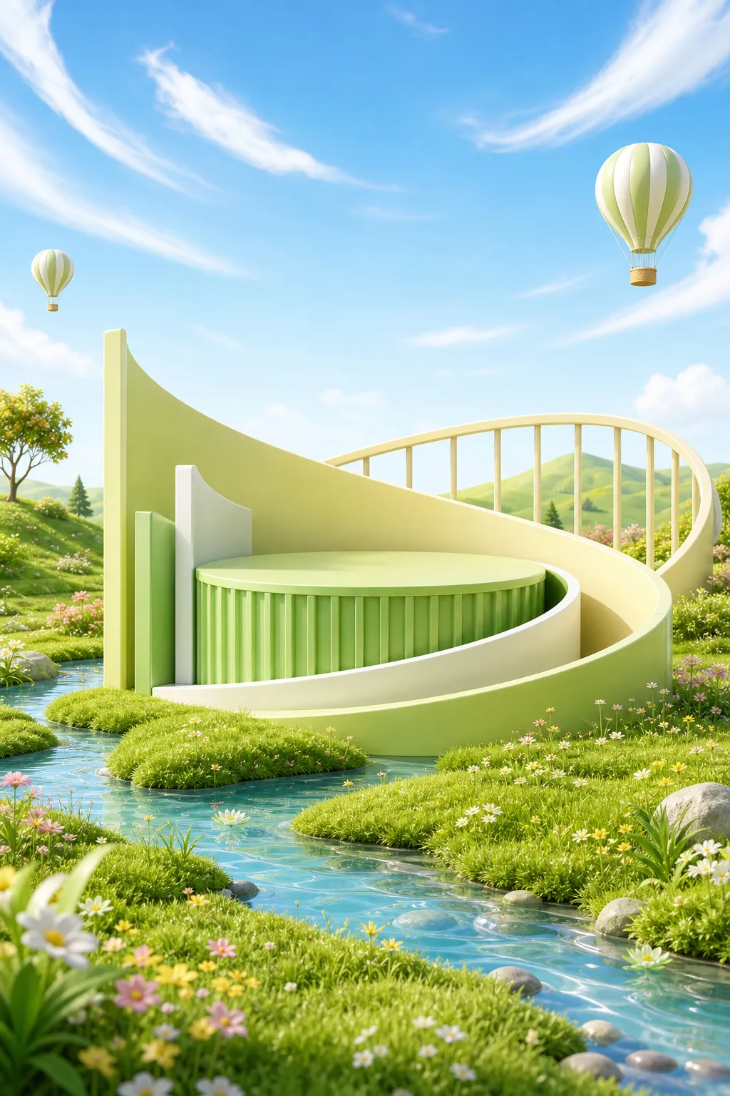 Green circular podium stage in a grassy nature landscape｜AI Image Generation Prompts