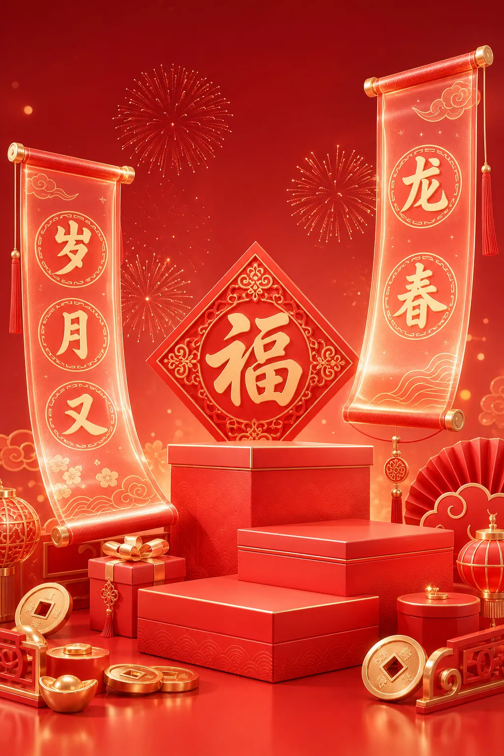 Chinese New Year Red Podium Display with Scrolls｜AI Image Generation Prompts