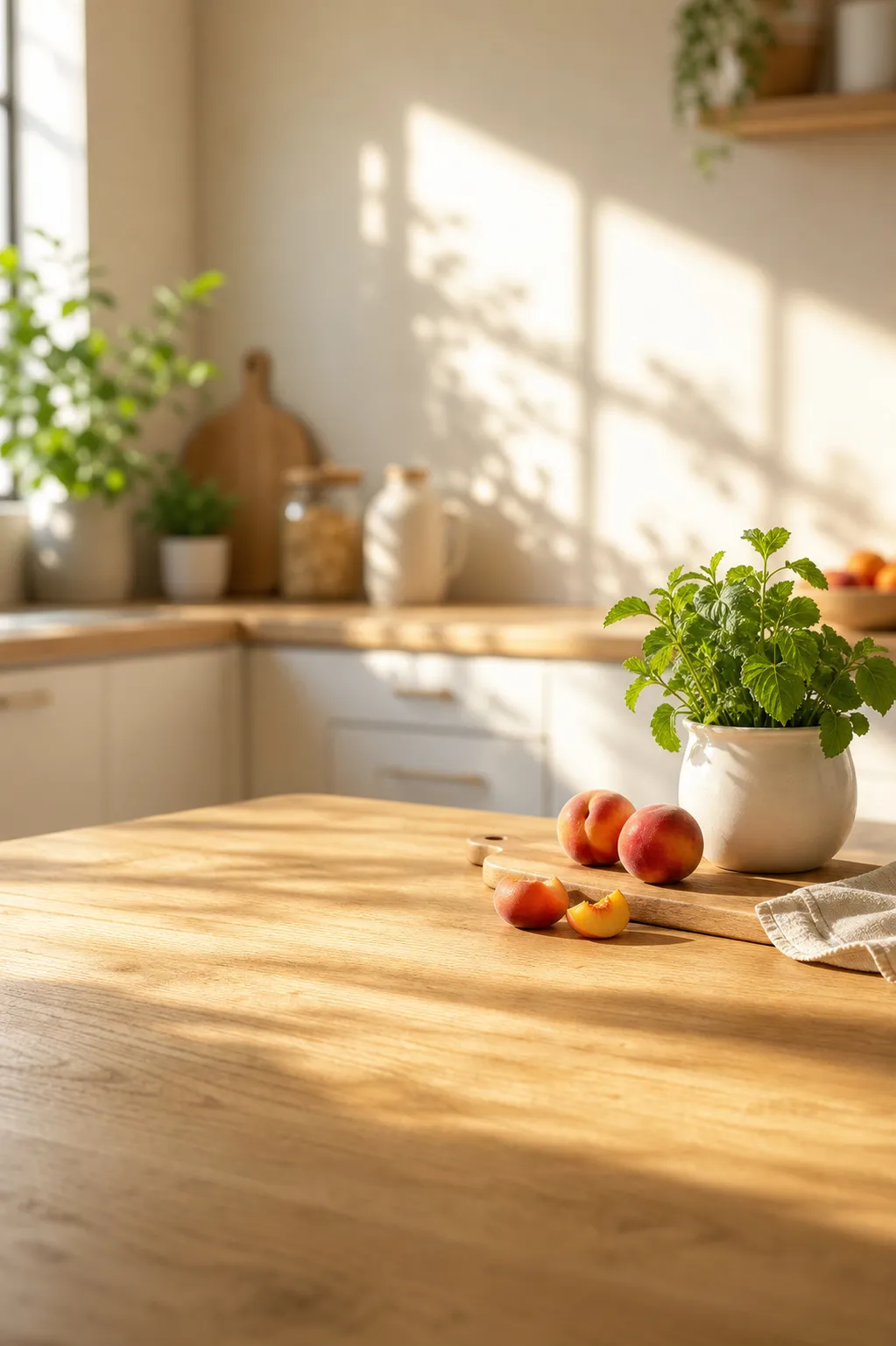 Sunlit wooden kitchen table with fresh peaches and herbs｜AI Image Generation Prompts