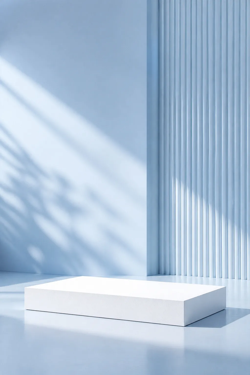 White rectangular podium in light blue room｜AI Image Generation Prompts