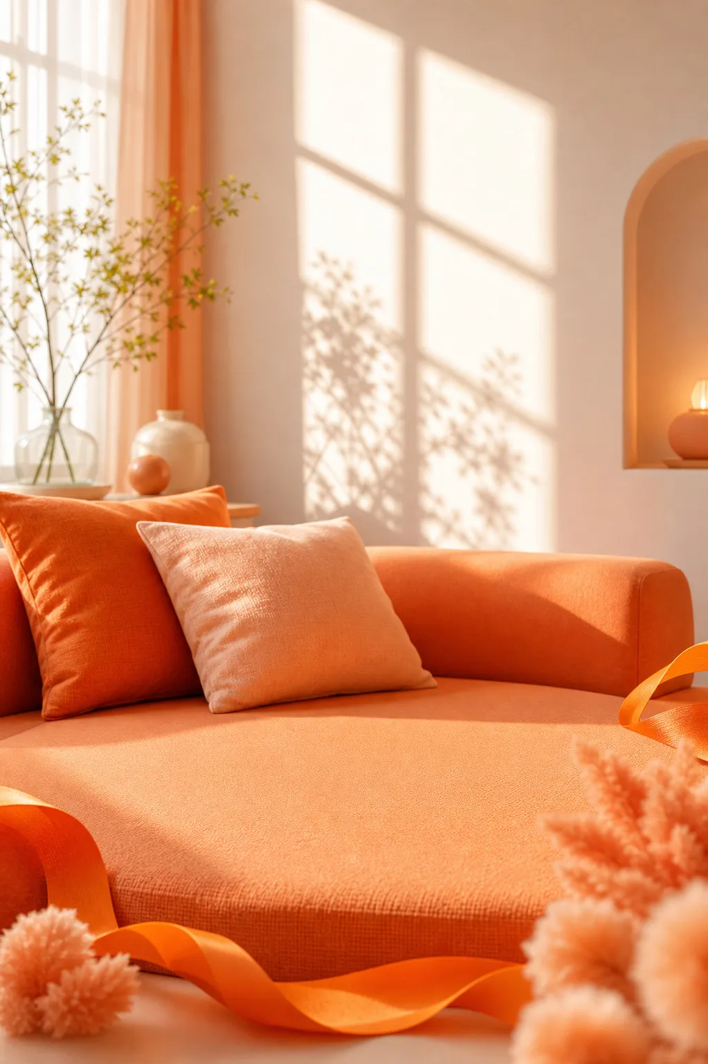 Sunlit Orange Sofa with Pillows and Ribbons｜AI Image Generation Prompts