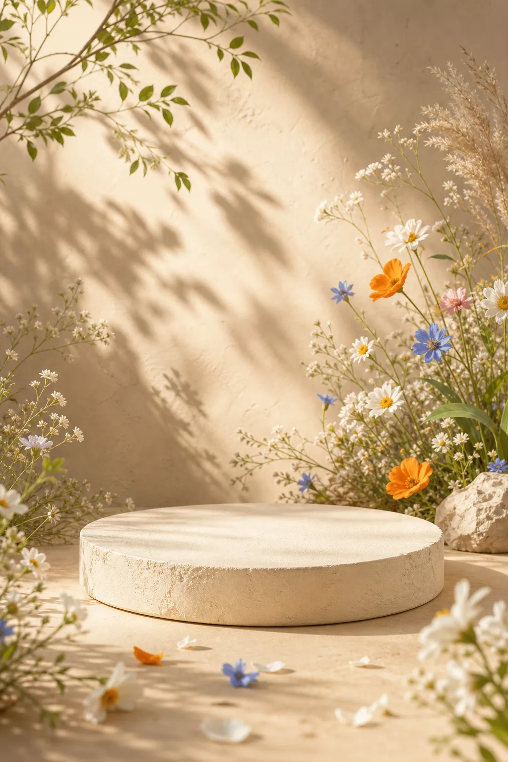 Round Beige Podium Surrounded by Wildflowers｜AI Image Generation Prompts