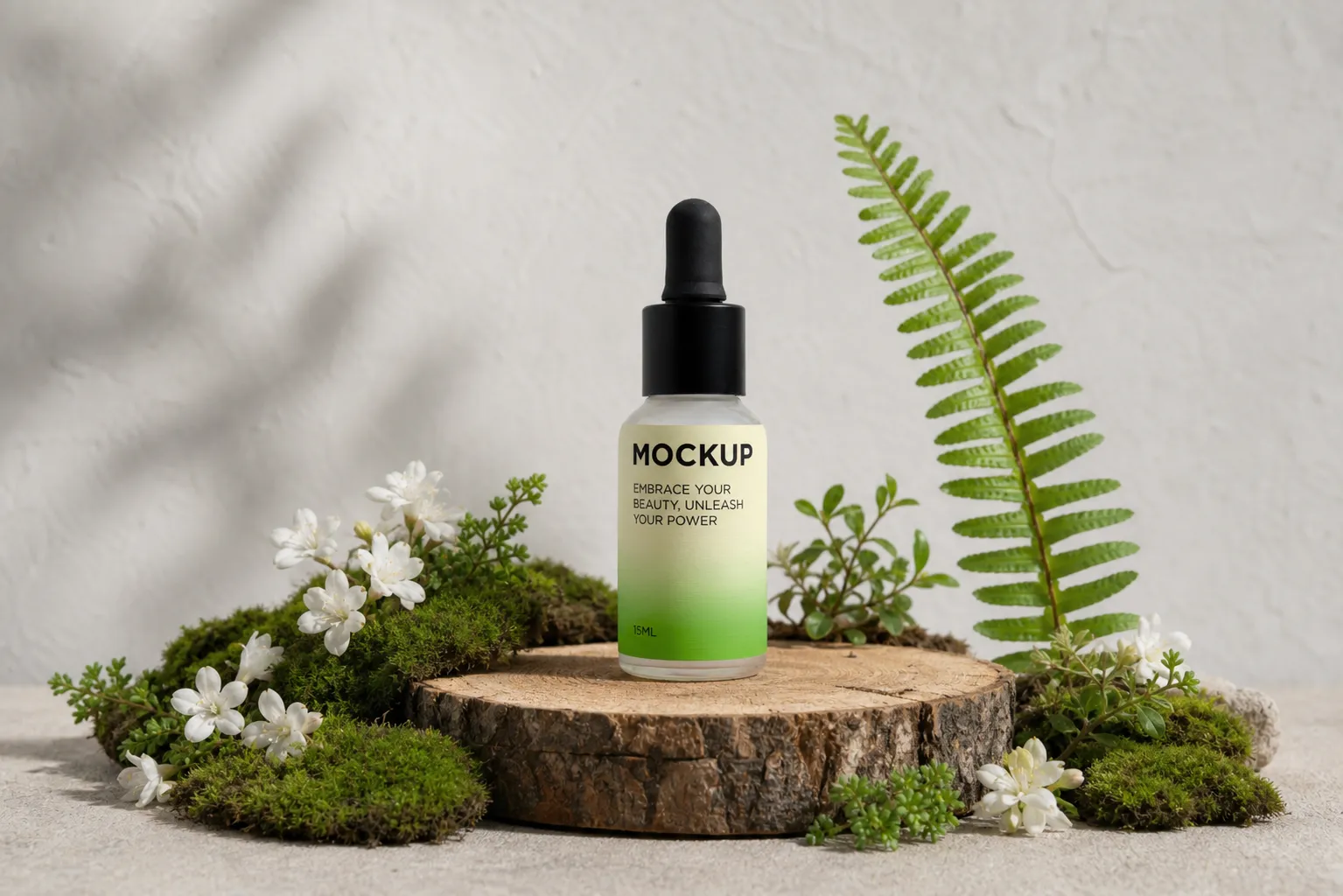 Natural Cosmetic Dropper Bottle Mockup on Wood｜AI Image Generation Prompts