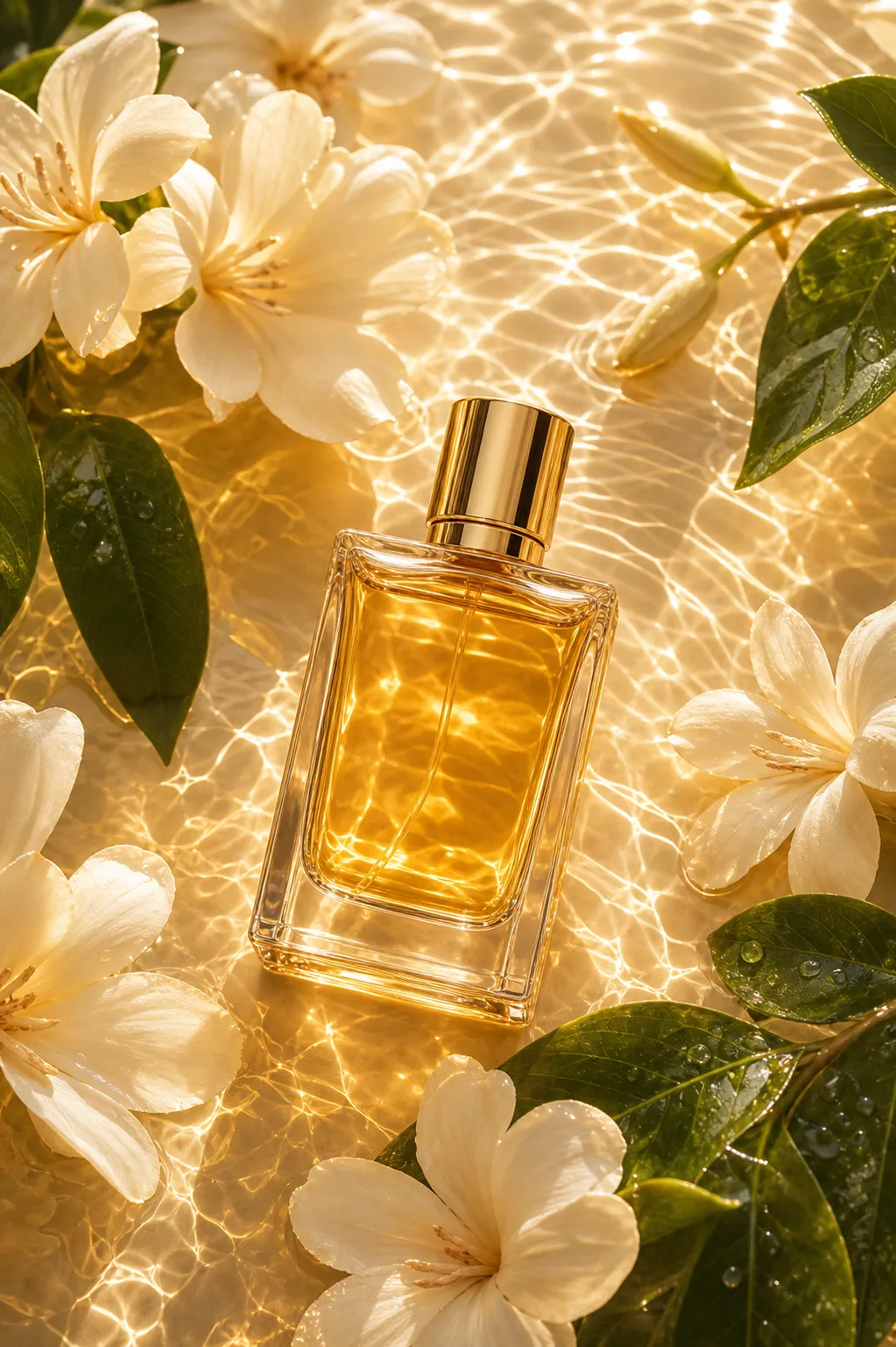 Golden perfume bottle with white flowers in water｜AI Image Generation Prompts