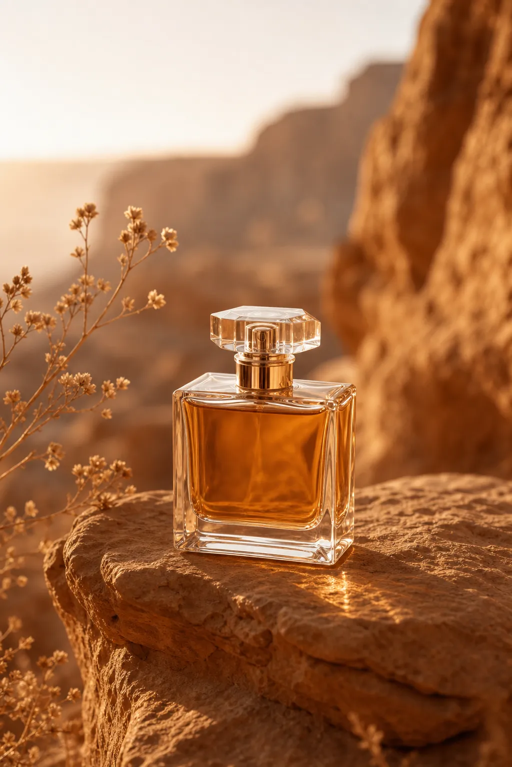 Amber Perfume Bottle in Desert Canyon Landscape｜AI Image Generation Prompts
