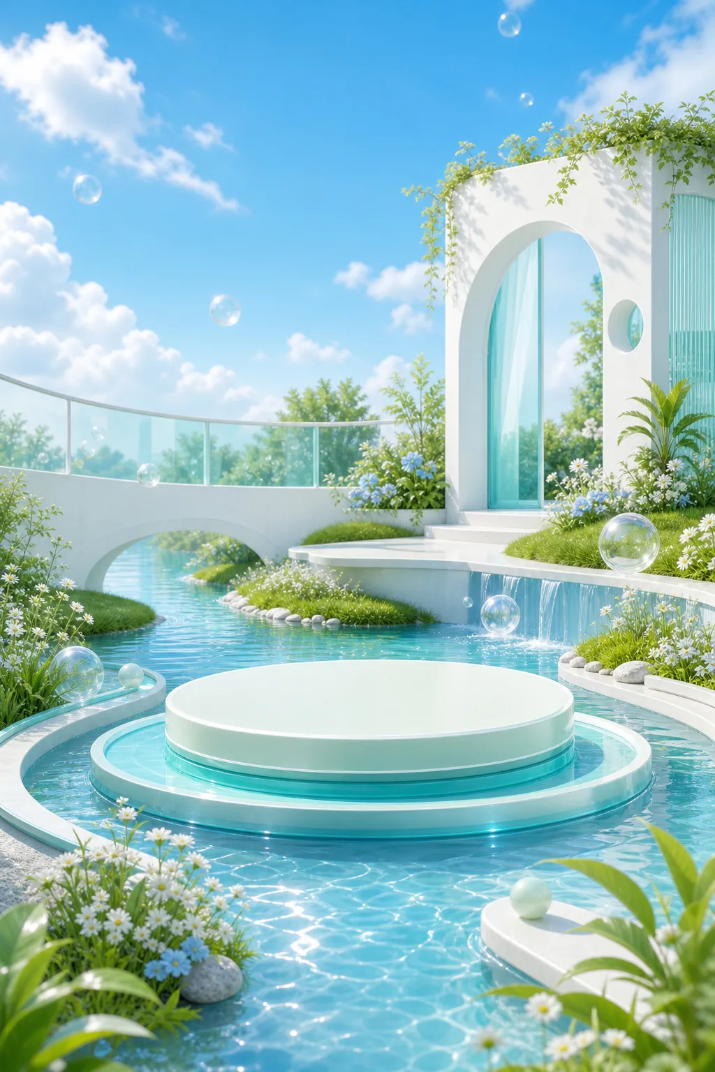 White circular platform in a dreamy pool garden｜AI Image Generation Prompts