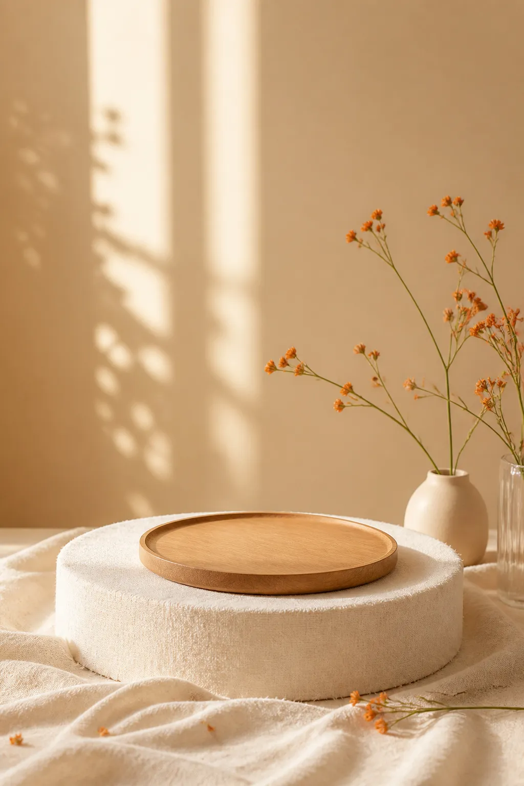 Wooden tray on white podium with flowers and sunlight｜AI Image Generation Prompts