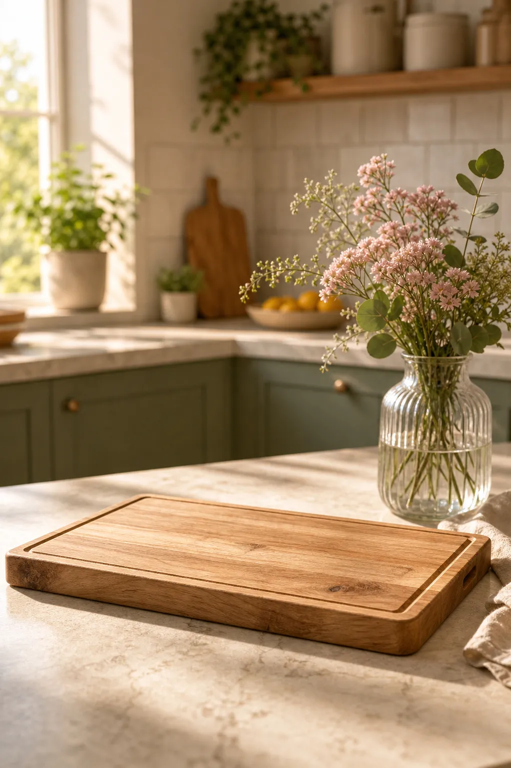 Wooden cutting board on kitchen counter with flowers｜AI Image Generation Prompts