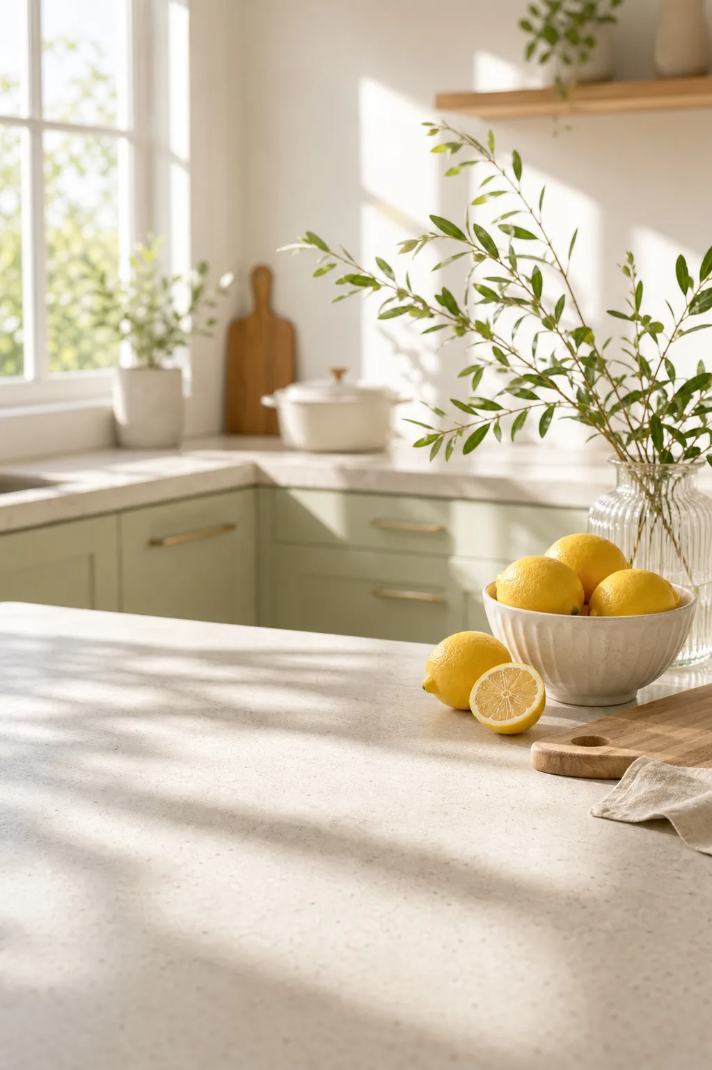 Fresh lemons in a bowl on a sunny kitchen counter｜AI Image Generation Prompts