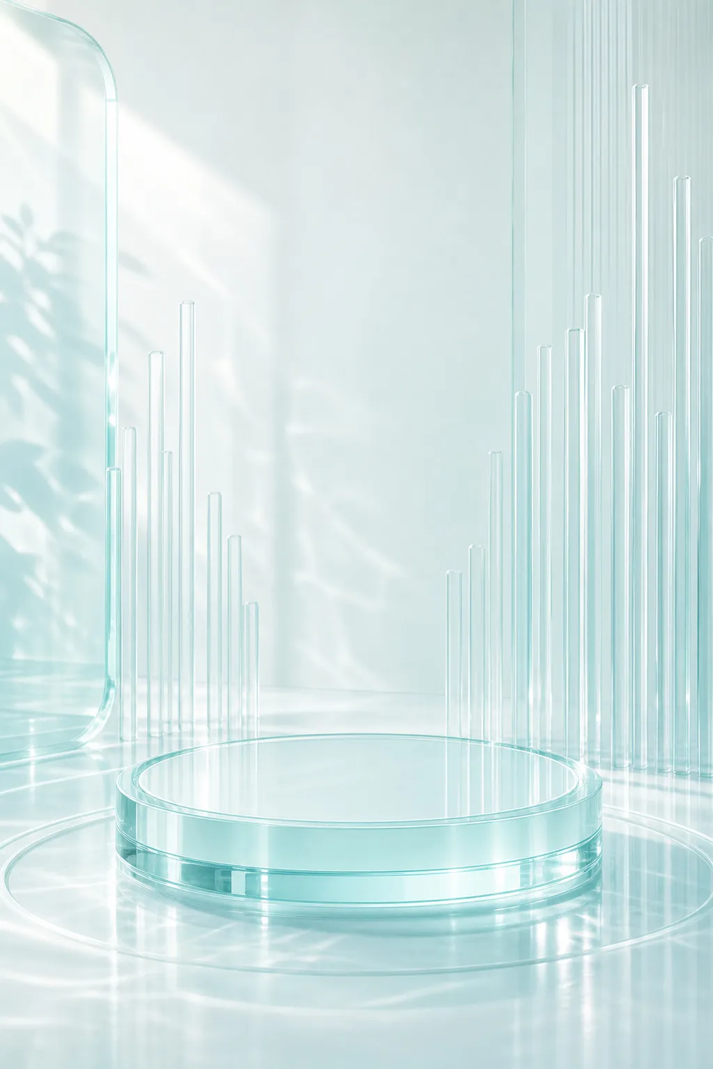 Cyan Glass Podium Display with Vertical Tubes｜AI Image Generation Prompts