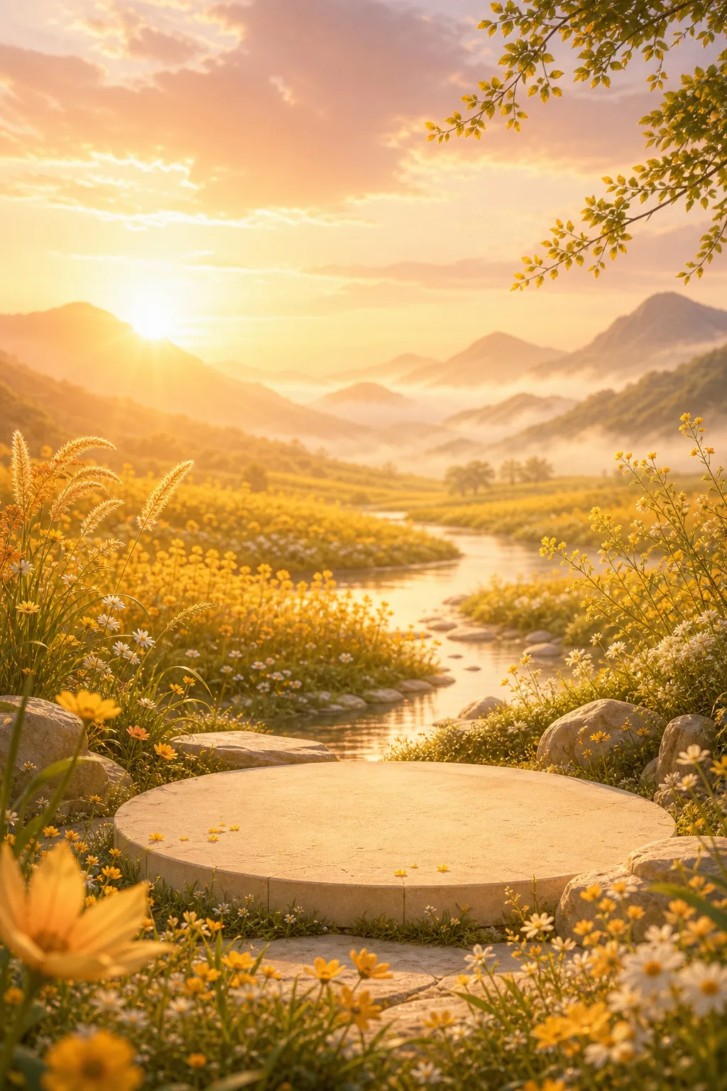 Round stone podium in a flower field at sunset｜AI Image Generation Prompts