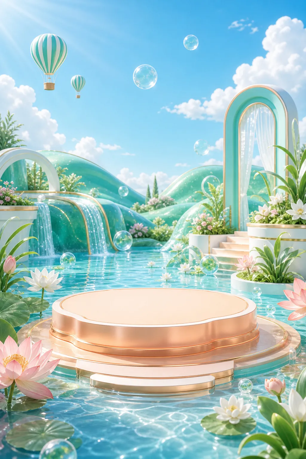 Round gold podium on water with lotus flowers｜AI Image Generation Prompts
