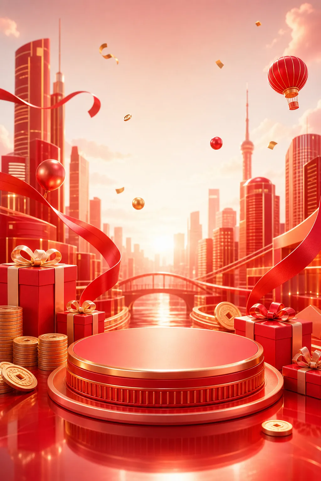 Red and Gold 3D Podium with Chinese New Year City Background｜AI Image Generation Prompts