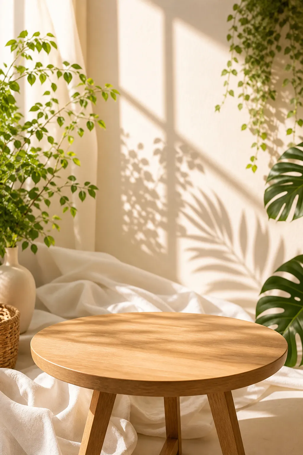 Round wooden table in sunny minimalist room｜AI Image Generation Prompts