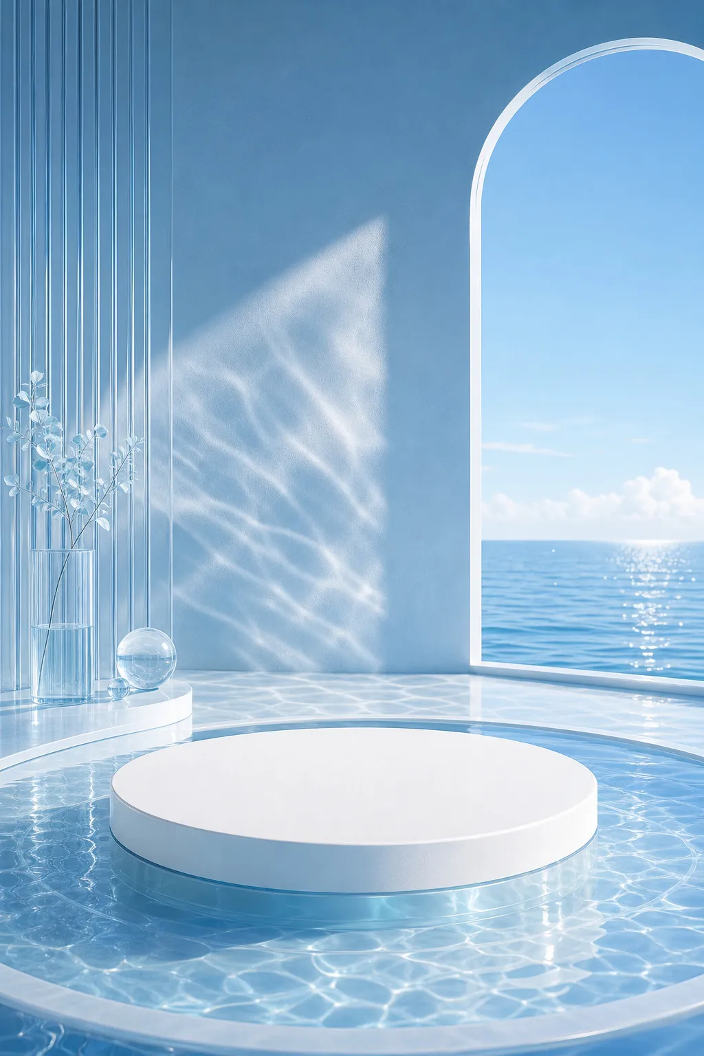 Minimalist blue podium with ocean view and water reflections｜AI Image Generation Prompts