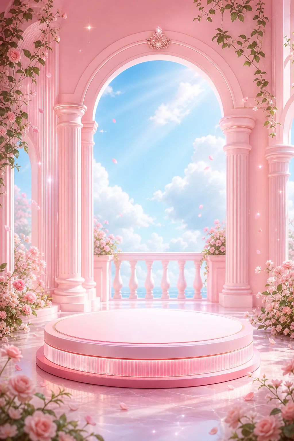 Pink Fantasy Podium Stage with Arches and Roses｜AI Image Generation Prompts