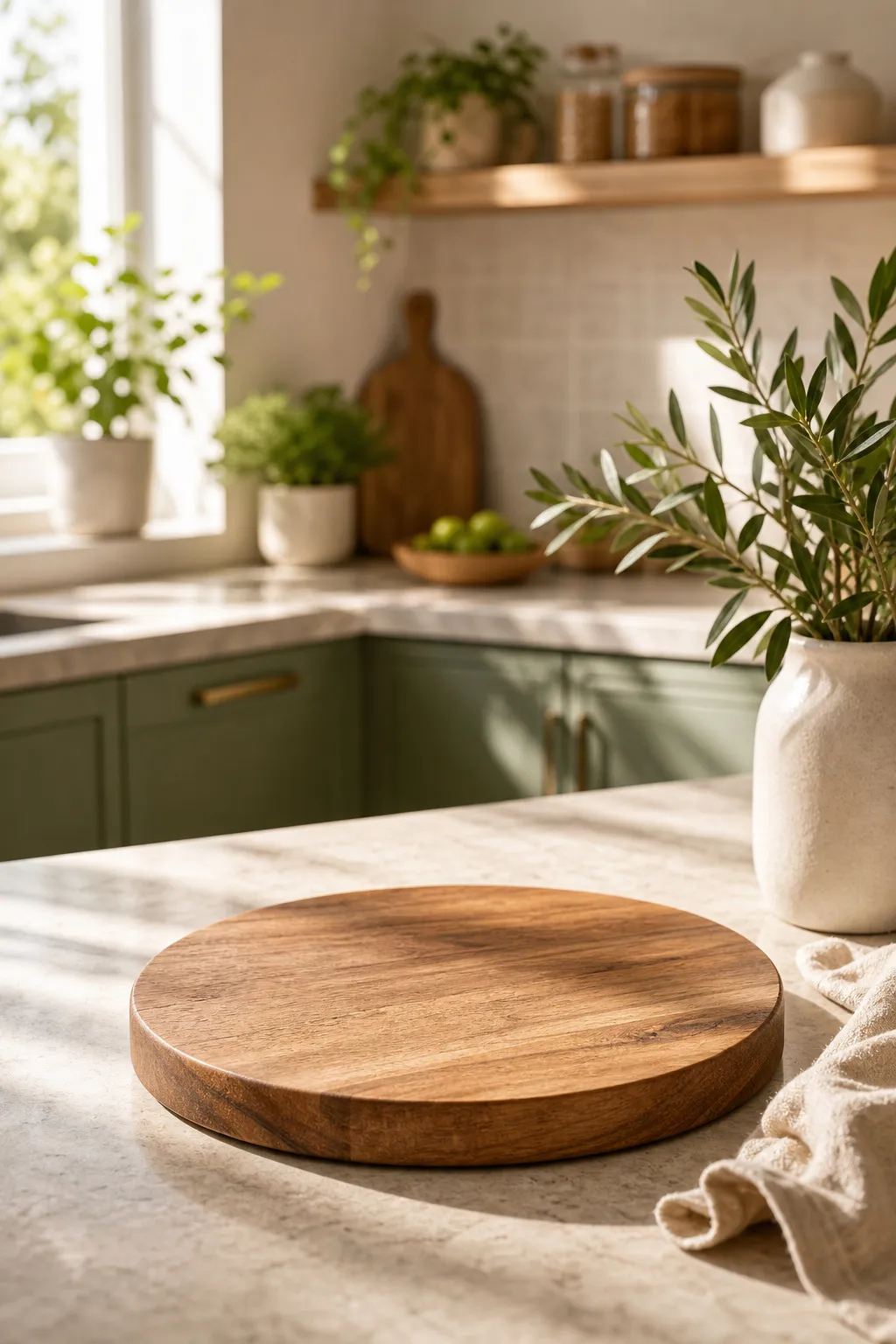 Round wooden cutting board on a sunny kitchen counter｜AI Image Generation Prompts