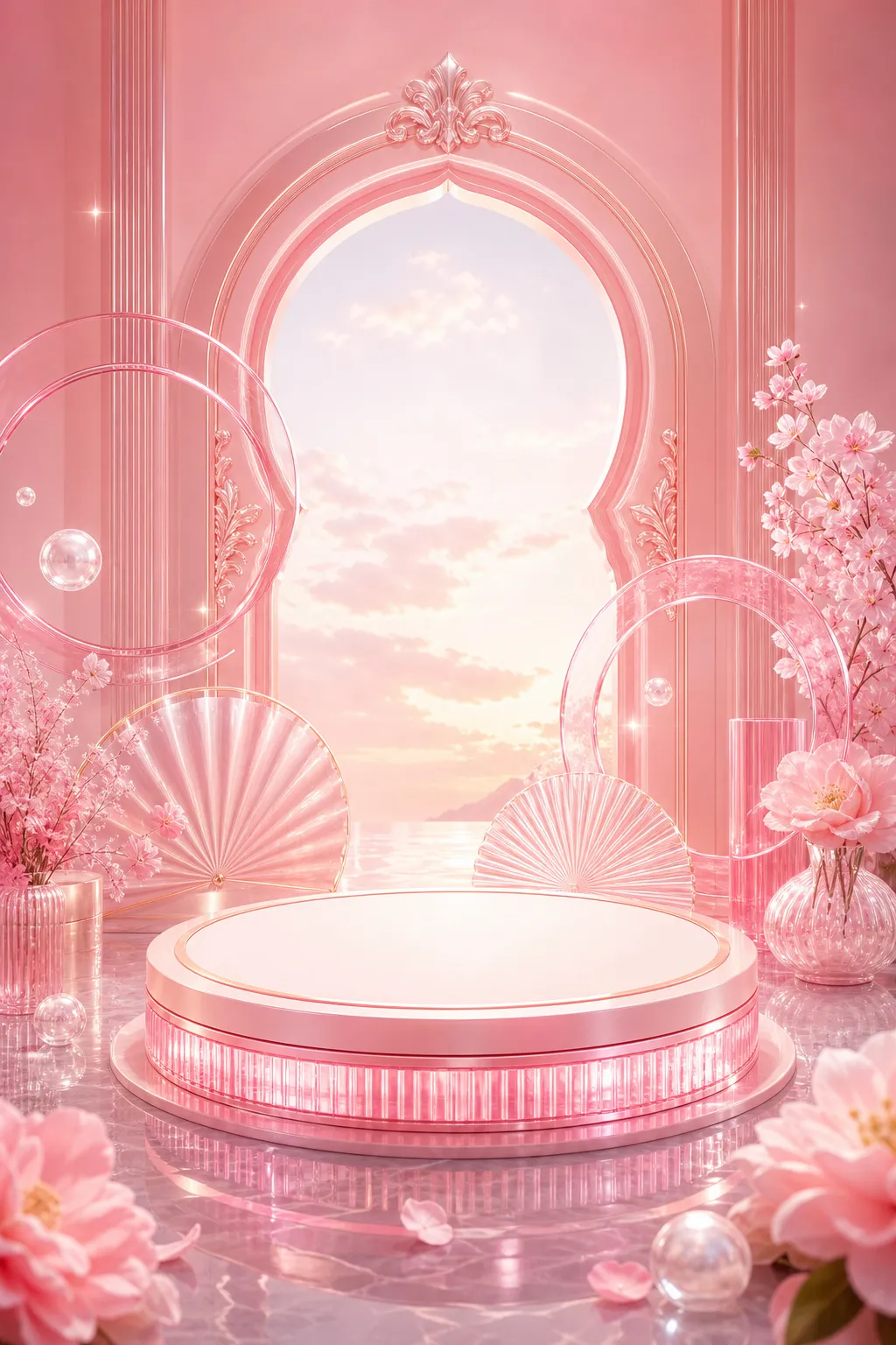 Elegant Pink Round Product Podium with Floral Decor｜AI Image Generation Prompts
