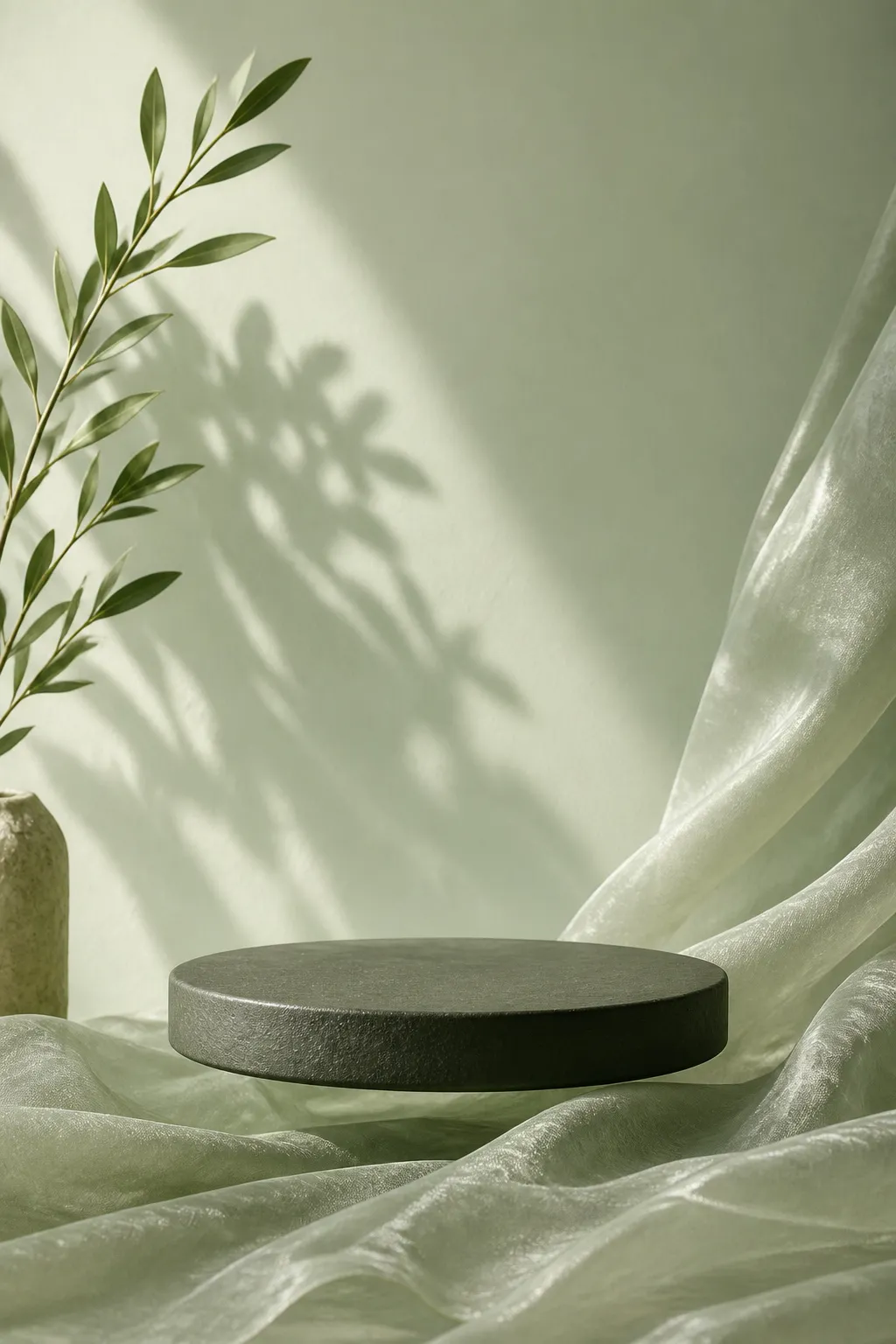 Green circular podium on silk fabric with plant shadow｜AI Image Generation Prompts