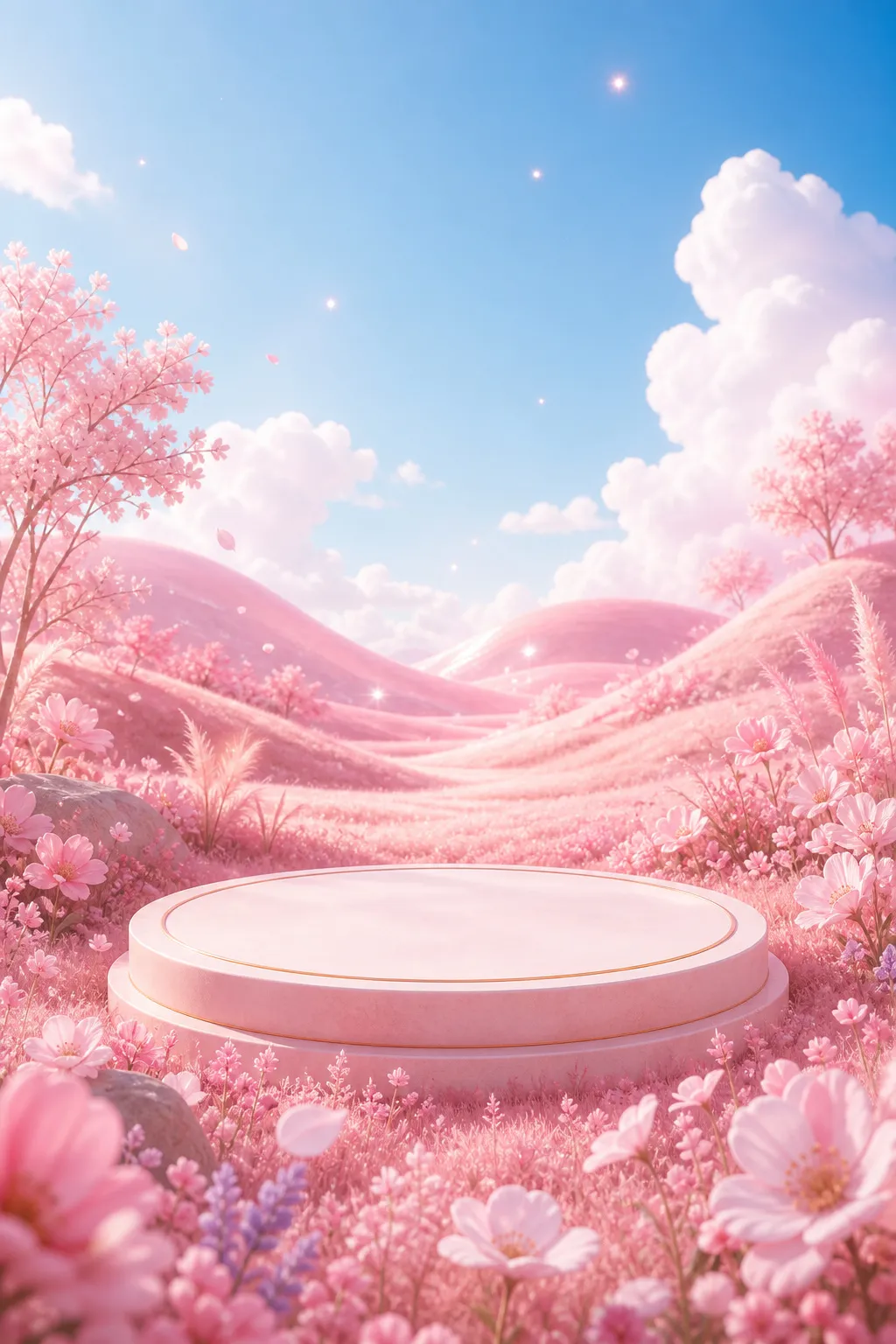 Pink circular podium in a dreamy flower field landscape｜AI Image Generation Prompts