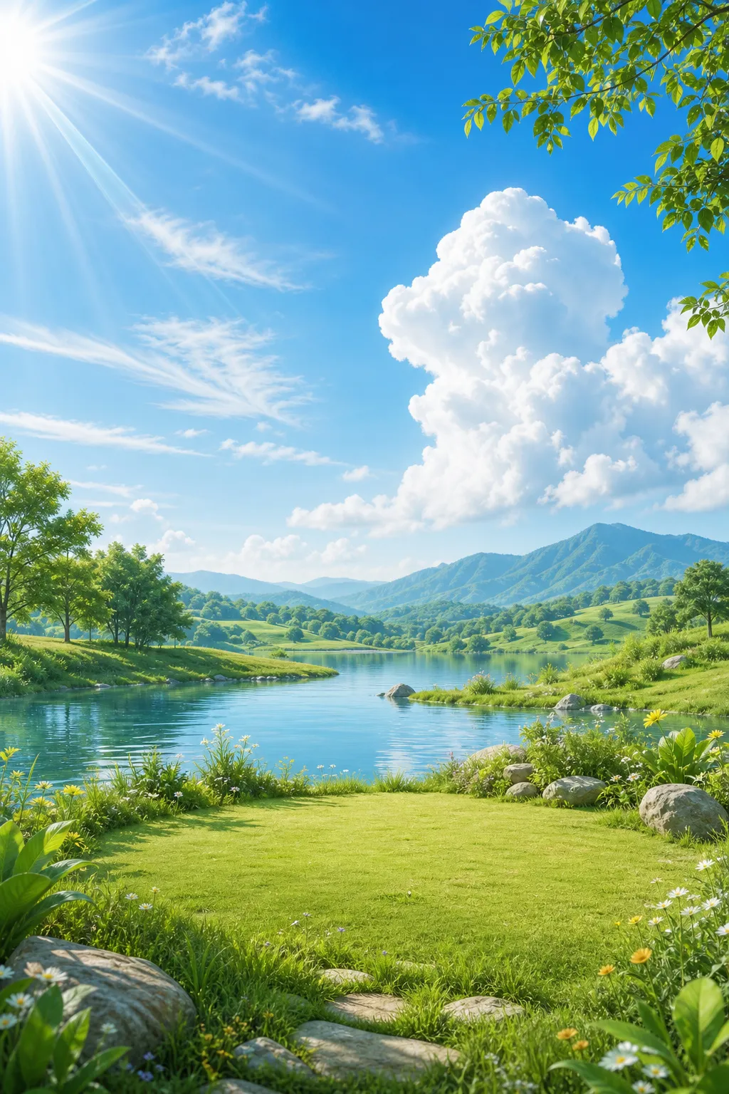 Sunny river landscape with green mountains and blue sky｜AI Image Generation Prompts