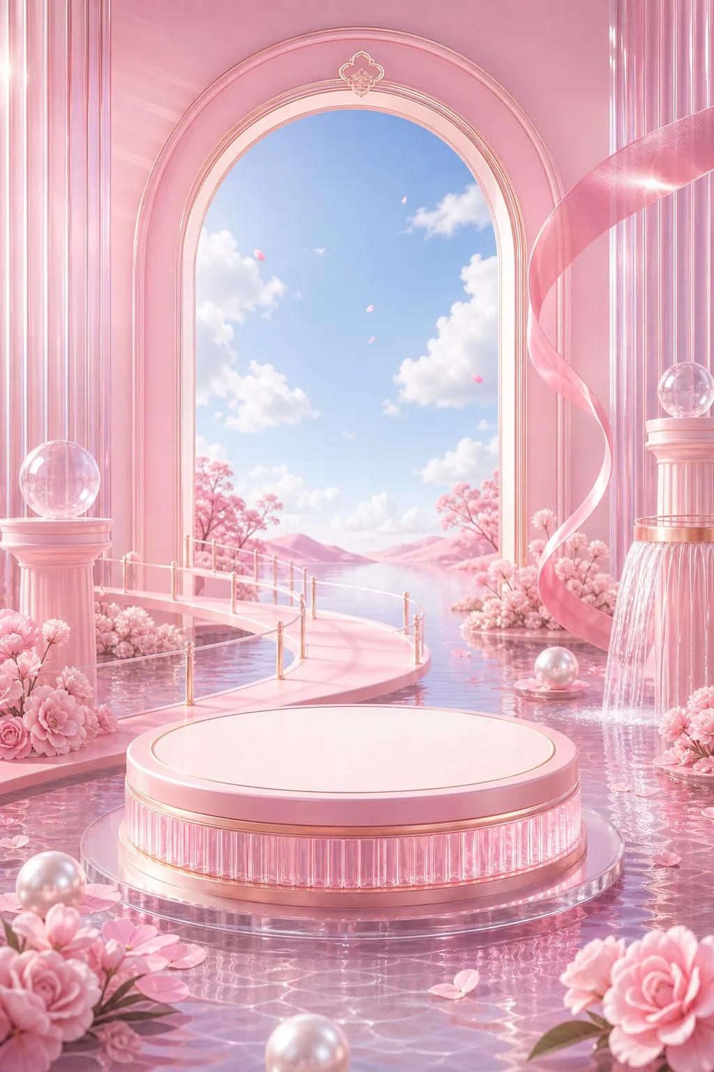 Pink podium stage with flowers and blue sky view｜AI Image Generation Prompts