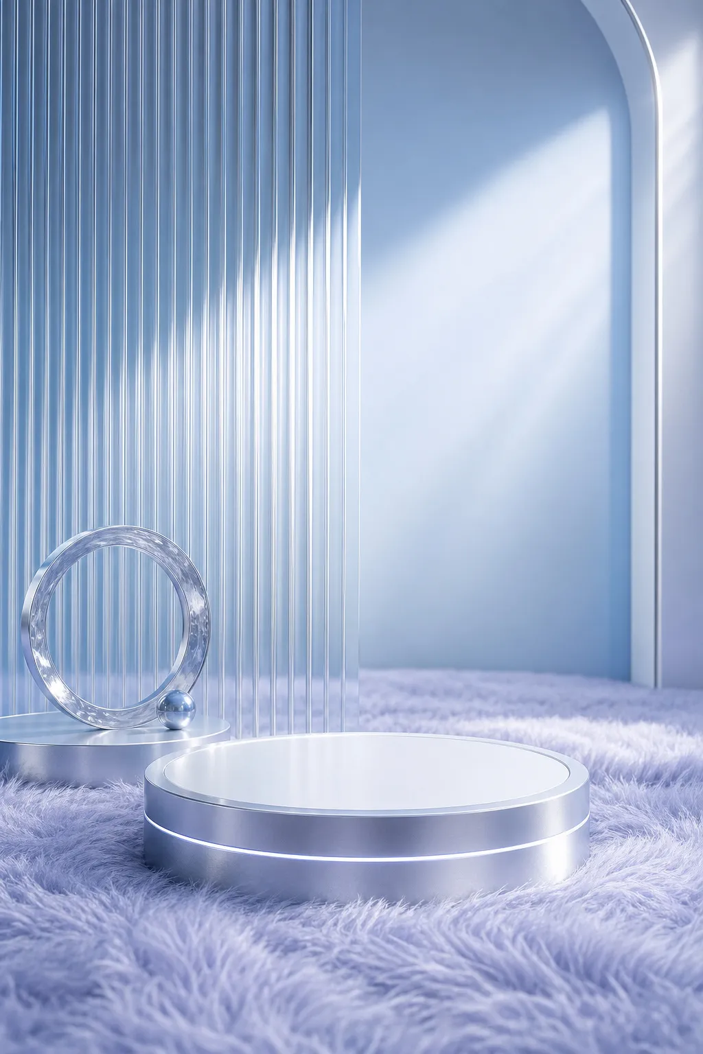 Silver circular podium on fluffy carpet blue background｜AI Image Generation Prompts