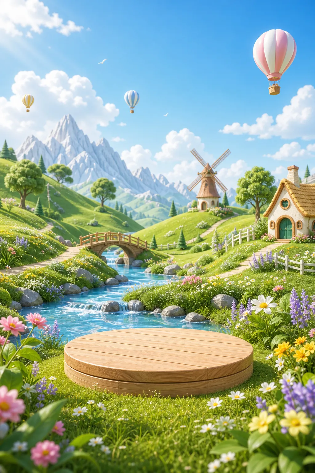 Fantasy landscape with round wooden podium and balloons｜AI Image Generation Prompts