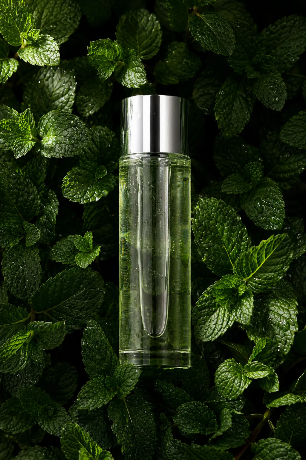 Clear bottle with silver cap on mint leaves｜AI Image Generation Prompts