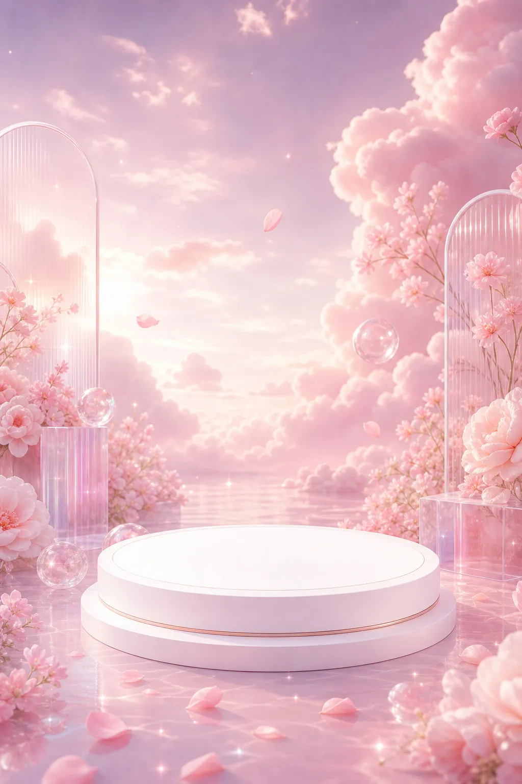 Pink floral podium display with clouds｜AI Image Generation Prompts