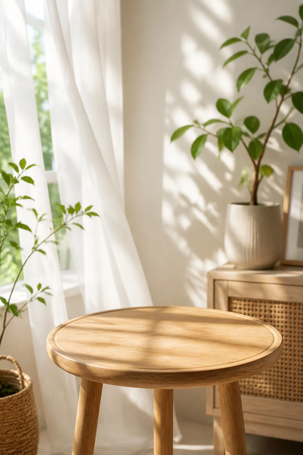 Round wooden stool in a bright room with plants｜AI Image Generation Prompts