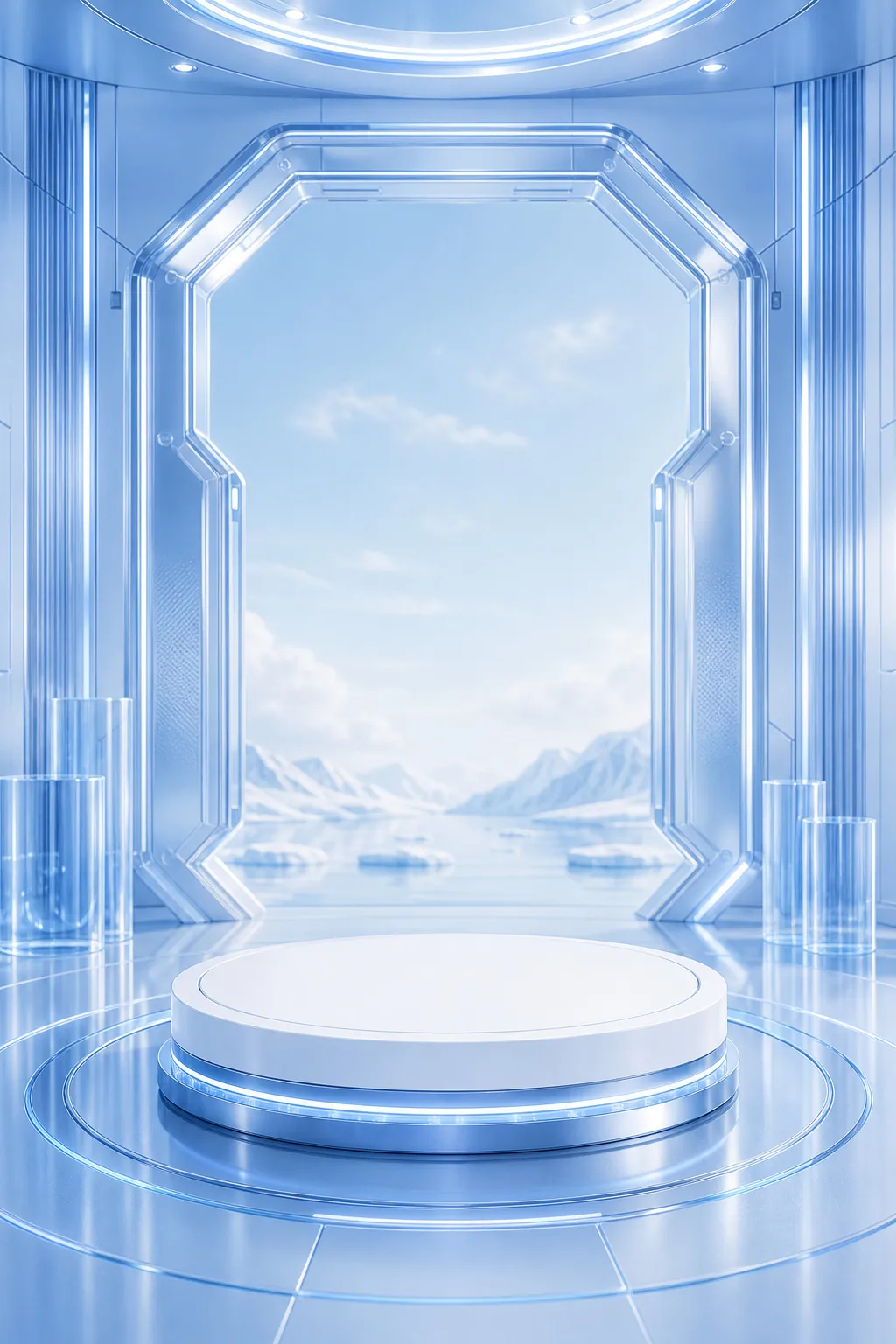 Futuristic blue room with white podium and ice view｜AI Image Generation Prompts