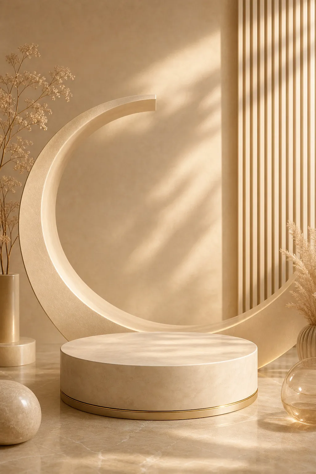 Minimalist Beige Circular Podium with Crescent Moon Backdrop｜AI Image Generation Prompts