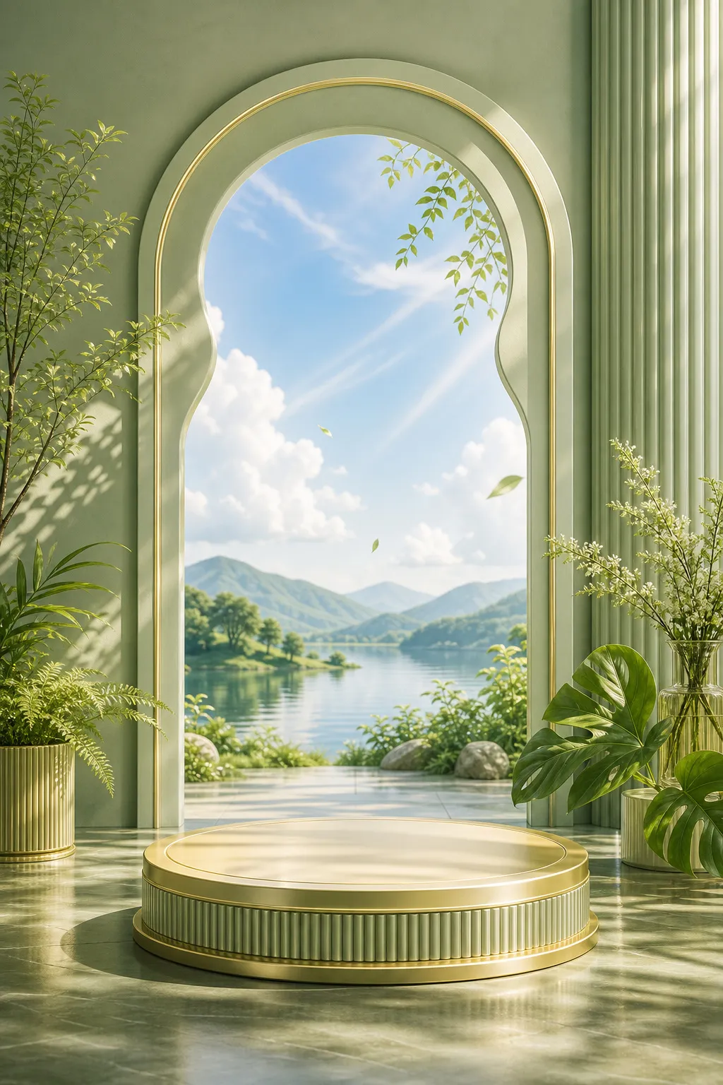Round gold podium with lake and mountain view｜AI Image Generation Prompts