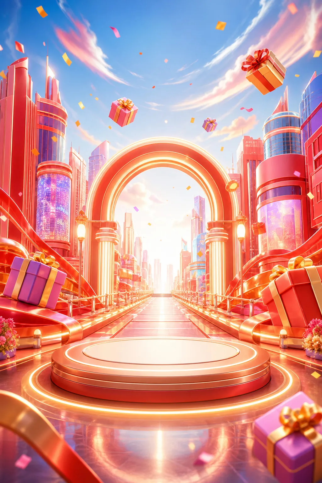 Futuristic Red City Stage With Floating Gift Boxes｜AI Image Generation Prompts