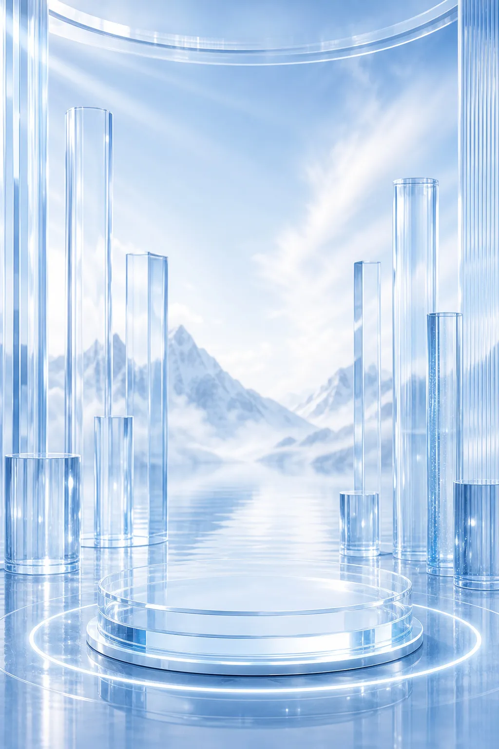 Transparent Glass Podium with Mountain Background｜AI Image Generation Prompts