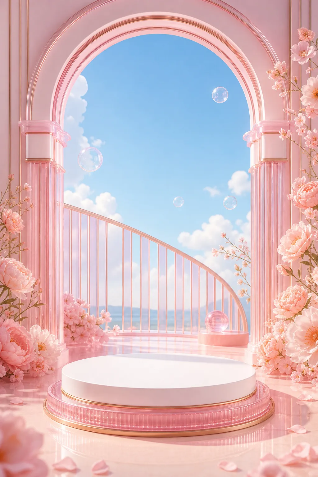Pink floral arch podium with blue sky background｜AI Image Generation Prompts