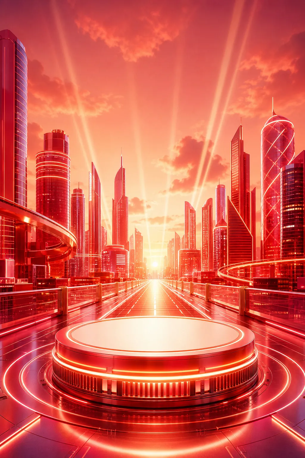 Futuristic red city with glowing circular platform｜AI Image Generation Prompts