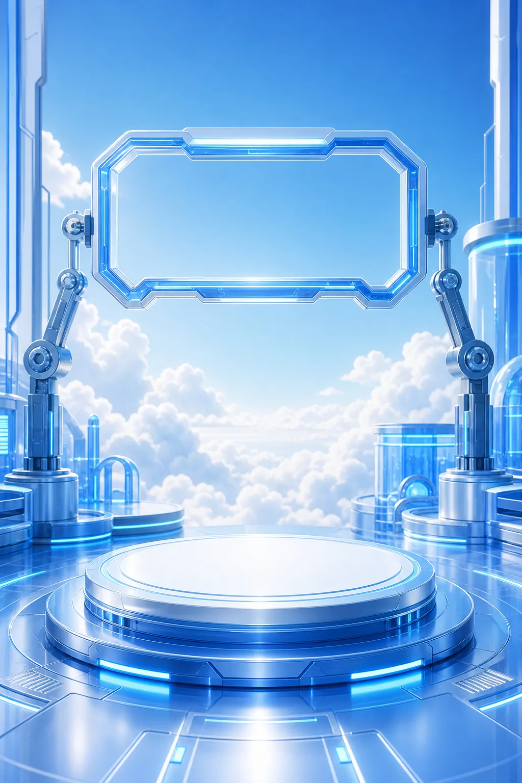 Futuristic blue sci-fi podium with robotic frame and clouds｜AI Image Generation Prompts