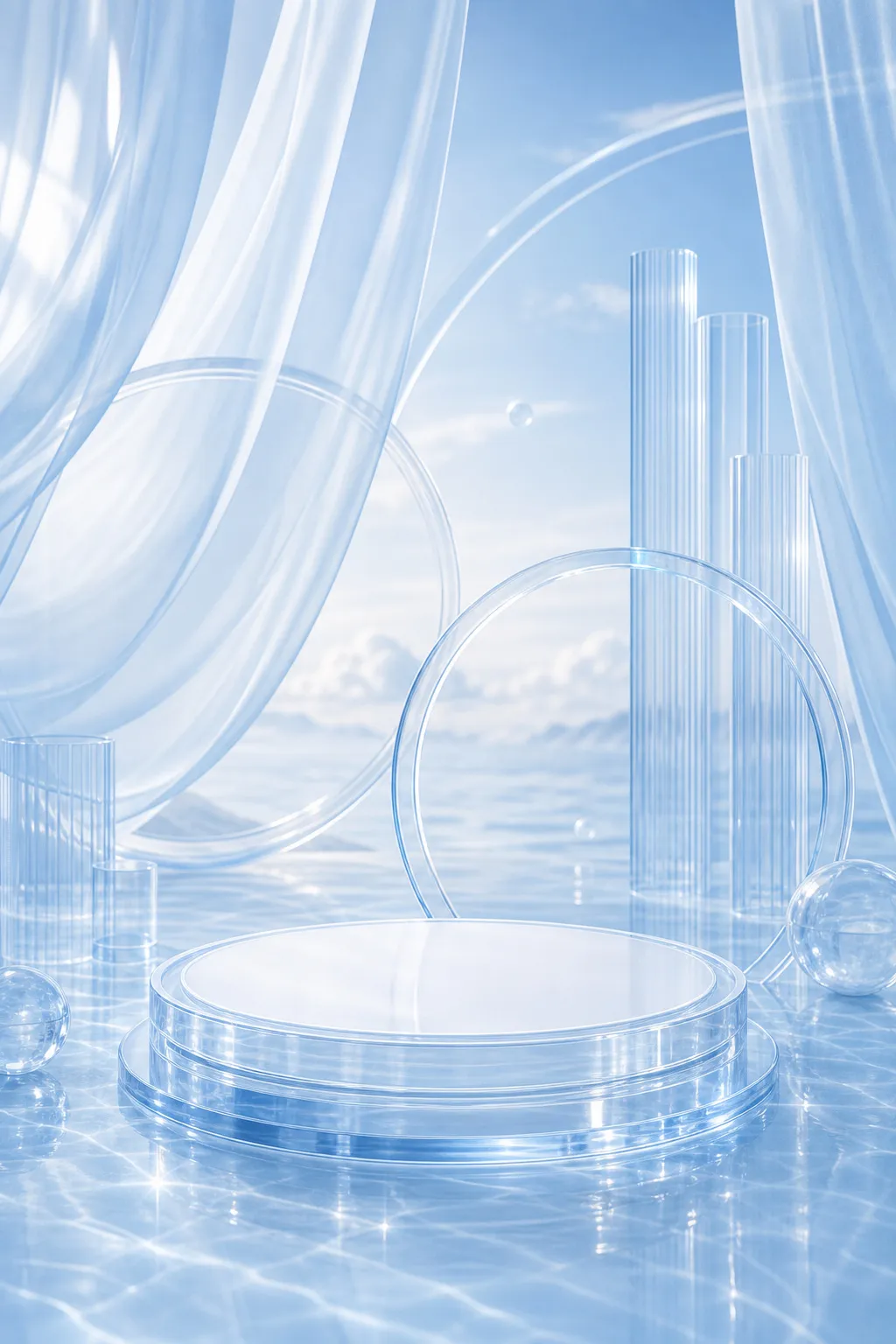 Clear Glass Podium Display with Blue Sky and Water｜AI Image Generation Prompts