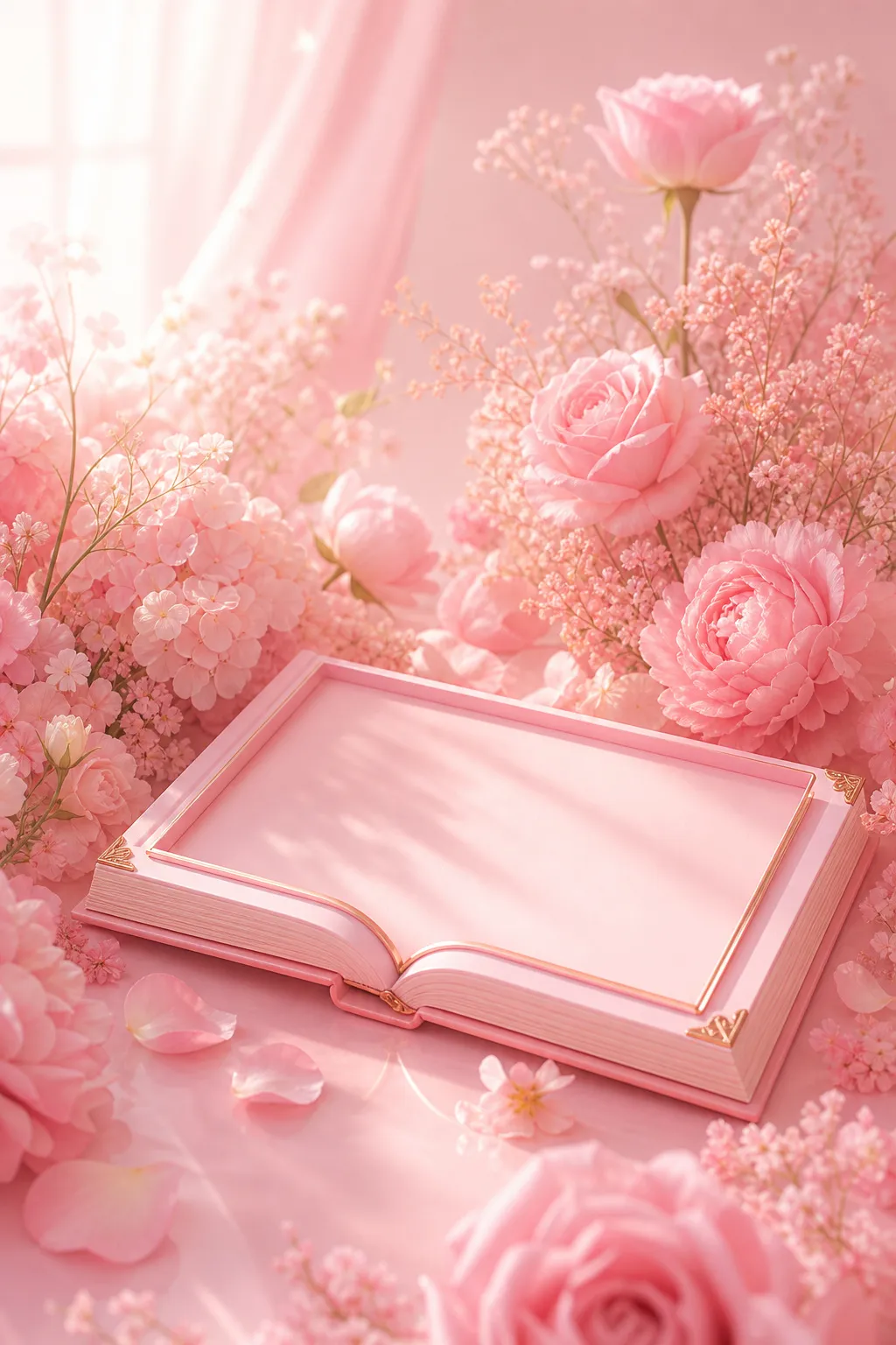 Open pink book with gold trim among pink flowers｜AI Image Generation Prompts