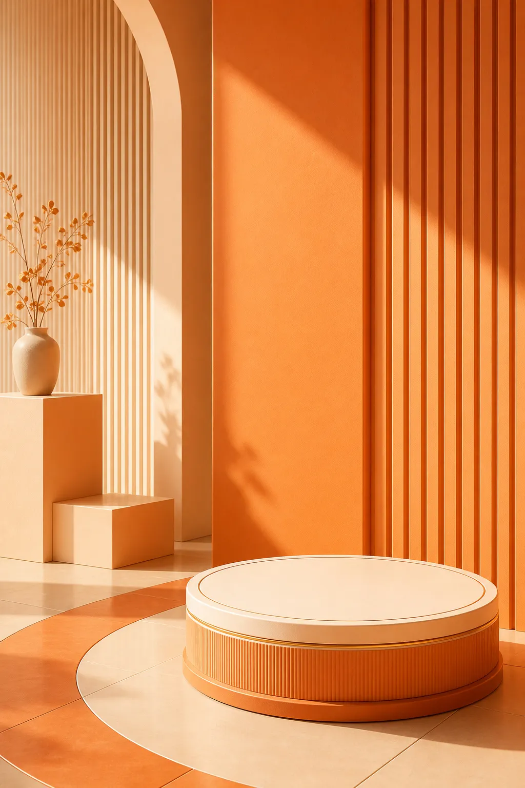 Orange round podium minimalist scene background｜AI Image Generation Prompts