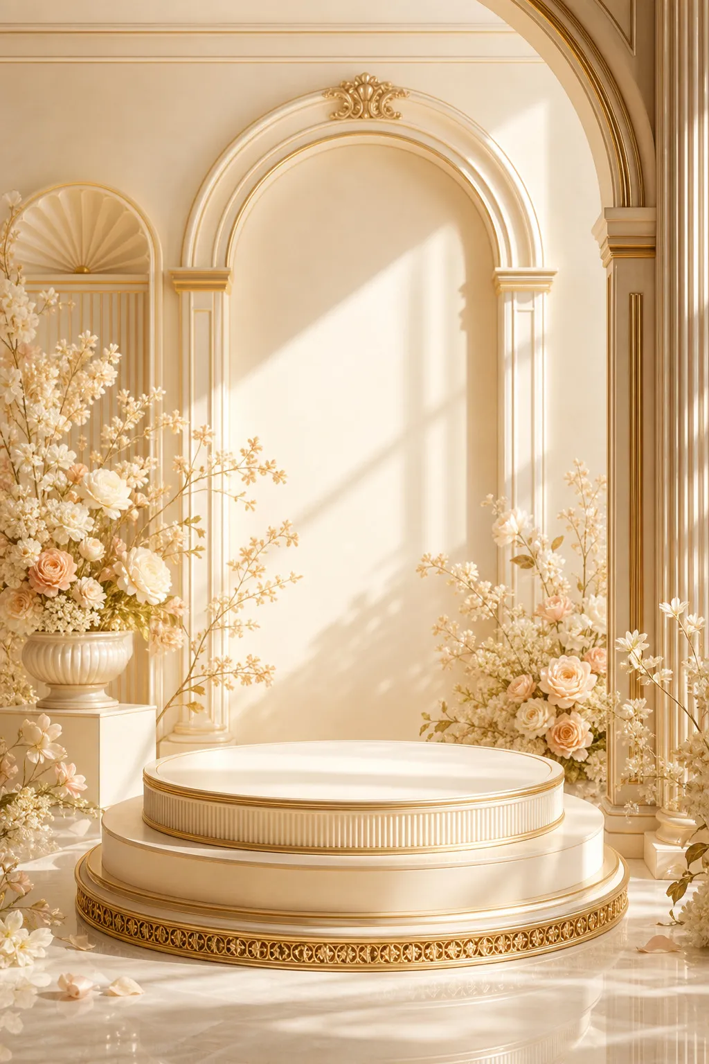 Luxury Beige Podium with Floral Archway Display｜AI Image Generation Prompts