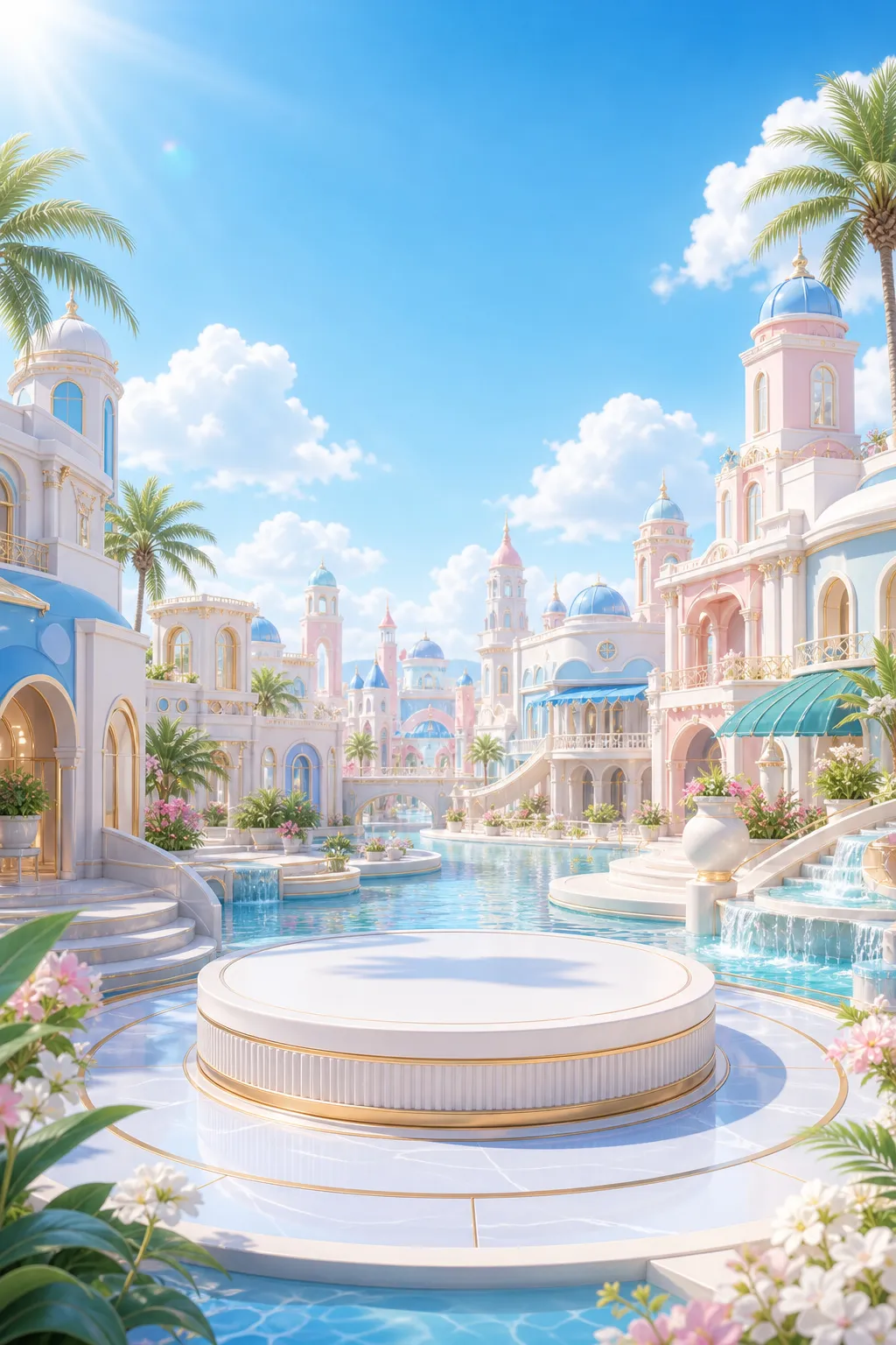 Pastel fantasy palace resort with white platform｜AI Image Generation Prompts