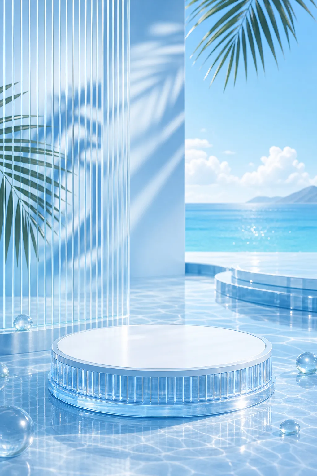 Tropical beach product display podium with glass spheres｜AI Image Generation Prompts