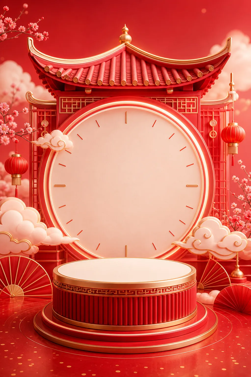 Red Chinese New Year Podium with Pavilion｜AI Image Generation Prompts
